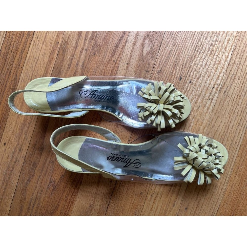 Vintage 60s Pale Yellow Mini Wedge Heel Slingback Peep-Toe Shoes with Clear Side